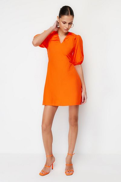 Trendyol Collection Orange Waist Opening Poplin Gathered Mini Woven Dress TWOSS24EL00456