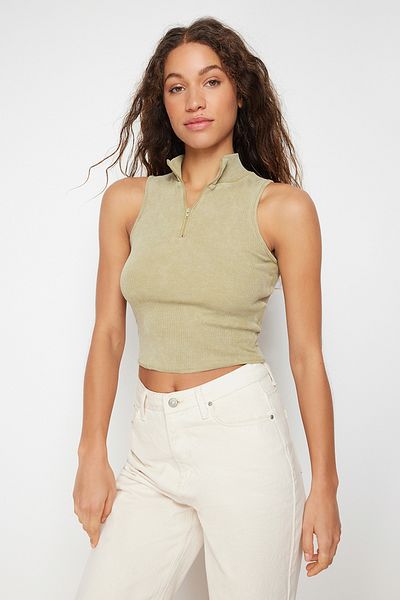 Trendyol Collection Χακί αντίκες/ξεθωριασμένα εφέ Εφαρμογή με φερμουάρ, κορδόνι, ελαστική πλεκτή μπλούζα από βαμβάκι TWOSS24BZ00036