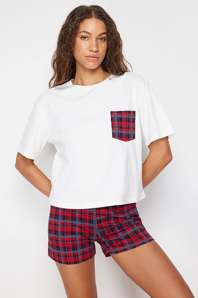 Trendyol Collection 100% pamut fehér kockás rövidnadrág pizsama szett - THMSS24PT00037