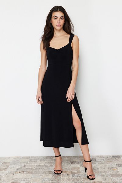 Trendyol Collection Μαύρο γιακά με σχισμή ίσιο ελαστικό πλεκτό μίντι φόρεμα TWOSS24EL00412