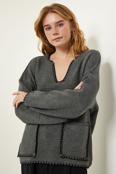 Happiness İstanbul Women's Anthracite Stitch Detailed Pocket Knit Sweater PF00047