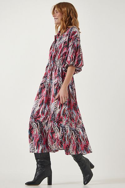 Happiness İstanbul Women's Dark Pink Patterned Satin Surface Stylish Dress RG00002