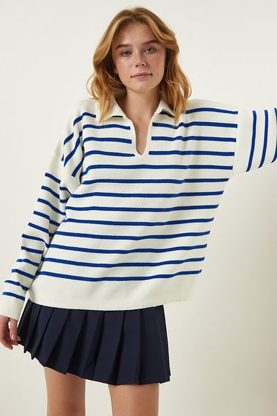 Happiness İstanbul Pulover de damă, Blue Bone, cu gât polo, tricotat, US00293