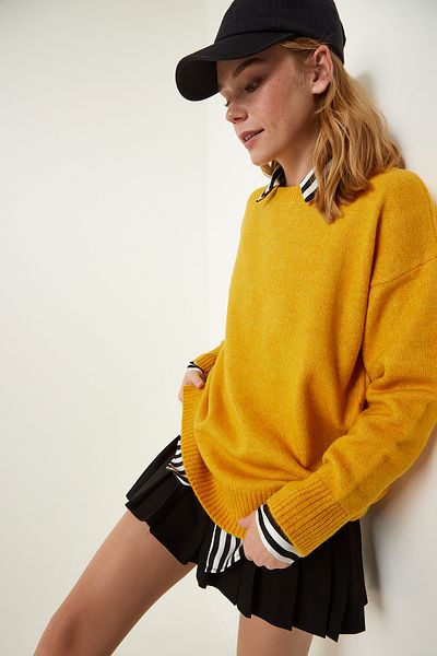 Happiness İstanbul Pulover oversize din tricot muștar pentru femei PN00054