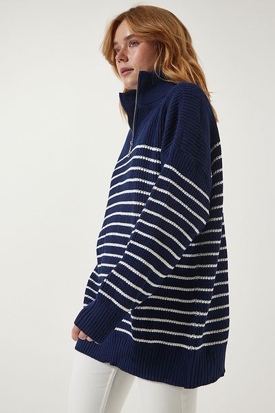 Happiness İstanbul Marineblauer, weißer, gestreifter Oversize-Pullover mit Reißverschluss und Stehkragen für Damen YY00077