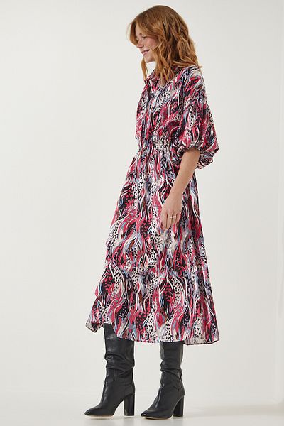 Happiness İstanbul Women's Dark Pink Patterned Satin Surface Stylish Dress RG00002