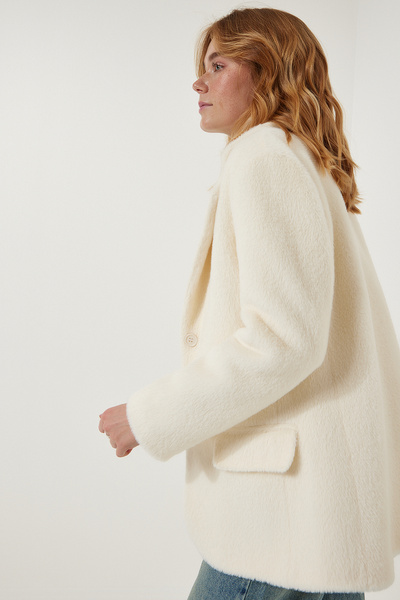 Happiness İstanbul Női krémszínű prémium gombos szakállas kabát FN03172