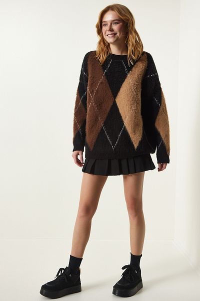 Happiness İstanbul Pulover de damă, negru maro, tricot supradimensionat cu model MW00138
