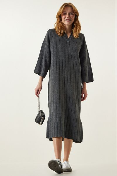 Happiness İstanbul Women's Dark Gray Polo Collar Oversize Knitwear Dress YY00178