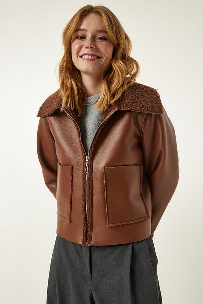 Happiness İstanbul Women's Tan Fur Collar Faux Leather Jacket with Wide Pockets TP00027