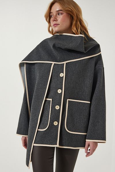Happiness İstanbul Women's Anthracite Scarf Wide Pocket Oversize Stamp Jacket FN03175