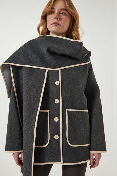 Happiness İstanbul Dámský antracitový šátek Wide Pocket Oversize Stamp Jacket FN03175