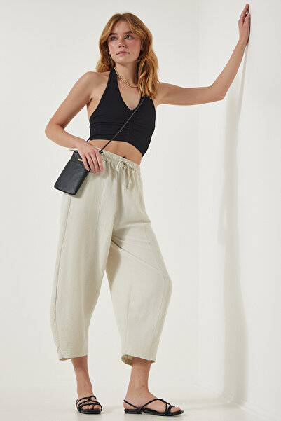 Happiness İstanbul Női világos krémszínű zsebes vászon viszkóz táskás nadrág CV00001
