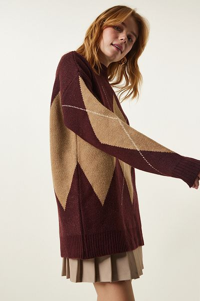 Happiness İstanbul Women's Burgundy Biscuit Premium Baklava Patterned Oversize Knit Sweater FN03163