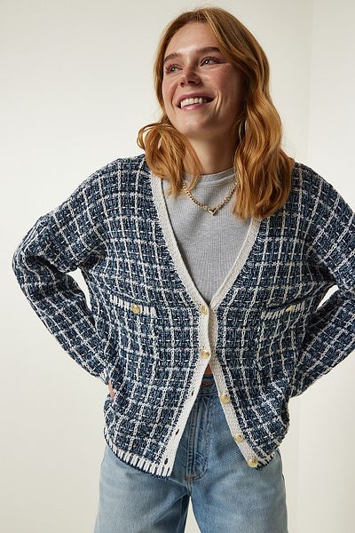 Happiness İstanbul Women's Navy Blue V-Neck Seasonal Tweed Cardigan MW00141