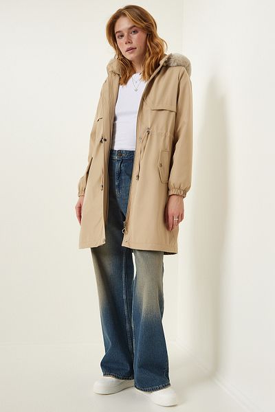 Happiness İstanbul Beiger Damen Pelzmantel mit Kapuze DD01292