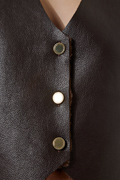 Happiness İstanbul Women's Brown Fleece Faux Leather Vest TP00019