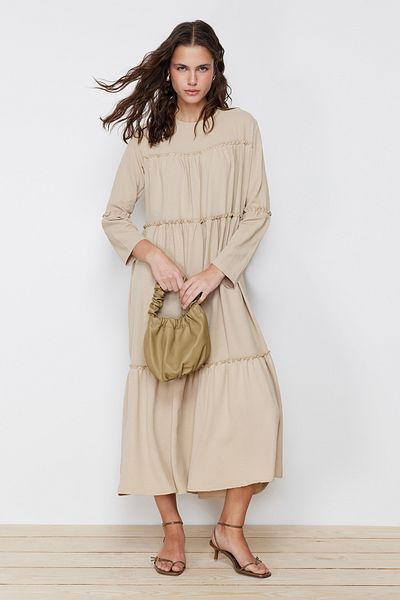 Trendyol Modest Λεπτομερές υφαντό φόρεμα μπεζ Piping TCTSS24EB00089