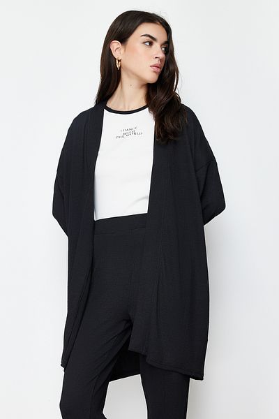 Trendyol Modest Oversize Black Knitted Kimono and Pants Set - TCTSS24US00045