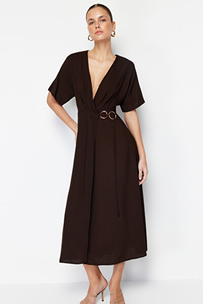 Trendyol Collection Brown Double Breasted Midi Woven Dress with Accessory Binding Detail TWOSS24EL00024