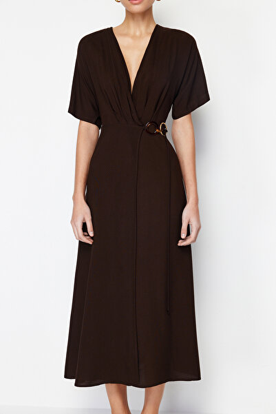 Trendyol Collection Brown Double Breasted Midi Woven Dress with Accessory Binding Detail TWOSS24EL00024