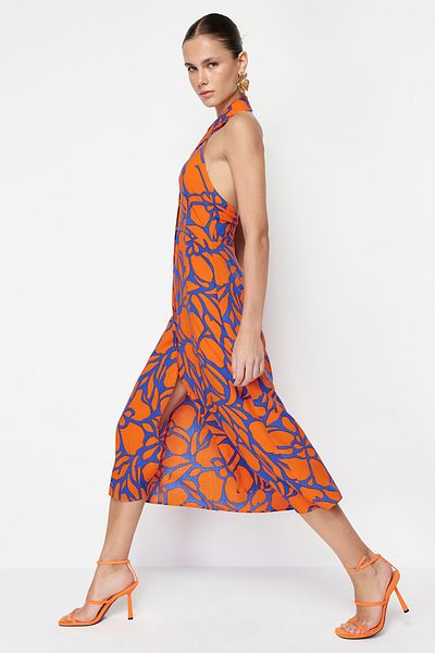 Trendyol Collection Orange Floral Viscose Midi Woven Dress with Shirt Collar TWOSS24EL00455