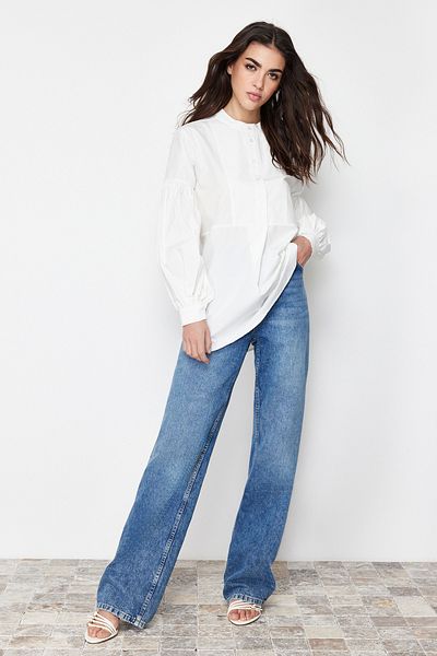 Trendyol Modest Bavlněná tkaná tunika Ecru Comfortable Fit TCTSS24TG00046