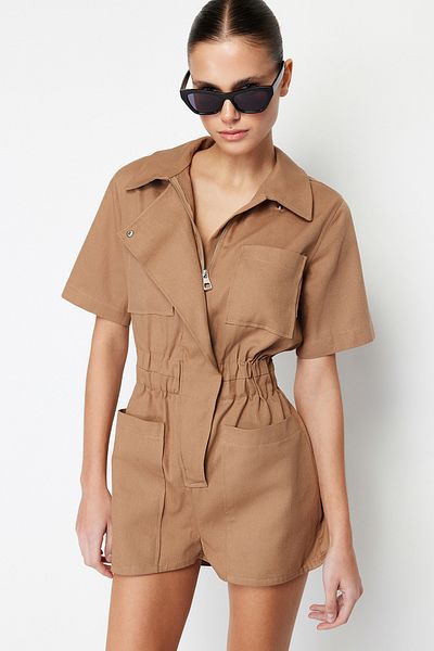 Trendyol Collection Camel Shirt Collar Gather Detailed Gabardine Mini Woven Jumpsuit TWOSS24TU00011