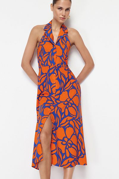 Trendyol Collection Orange Floral Viscose Midi Woven Dress with Shirt Collar TWOSS24EL00455