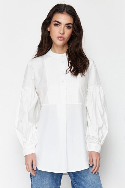 Trendyol Modest Bavlněná tkaná tunika Ecru Comfortable Fit TCTSS24TG00046