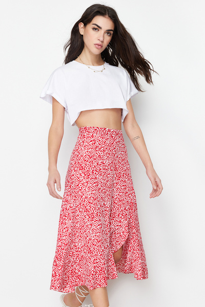 Trendyol Collection Piros nyomott magas derekú sztreccs szoknya összegyűjtött részletekkel és fodros TWOSS21ET0029