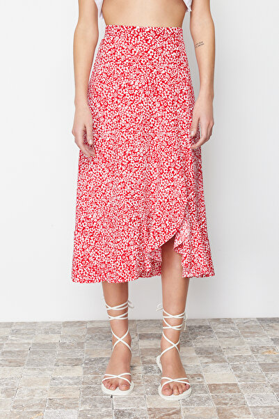 Trendyol Collection Piros nyomott magas derekú sztreccs szoknya összegyűjtött részletekkel és fodros TWOSS21ET0029