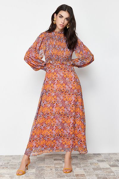Trendyol Modest Rochie țesută cu detaliu cu volane cu talie florală căptușită TCTSS24EB00068