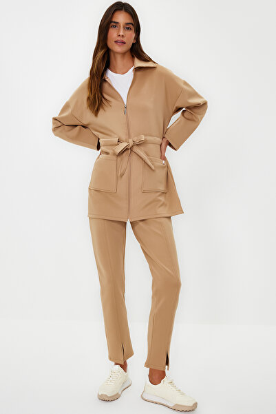 Trendyol Modest Brown Diver/Scuba Binding Detailed Knitted Top-Bottom Set TCTAW24EN00017