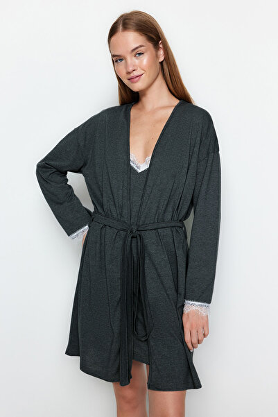 Trendyol Collection Gray Belted 2 Pack Lace Knitted Dressing Gown + Nightgown Thmaw24Sb00004