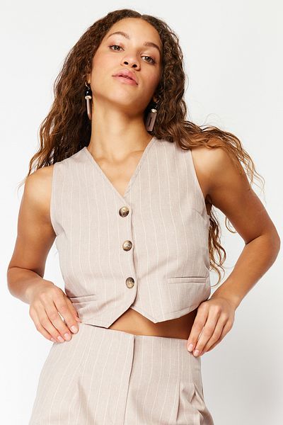 Trendyol Collection Μπεζ ριγέ κουμπιά Crop Woven Μπλούζα TWOSS24BZ00173