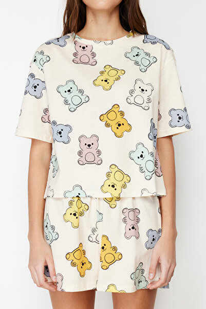 Trendyol Collection Sada pyžama ze 100% bavlny Ecru - šortky s medvídkem THMSS24PT00072