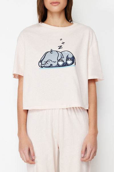 Trendyol Collection Σετ πλεκτές πιτζάμες σε σκόνη 100% βαμβακερό ελέφαντα THMSS24PT00070