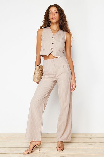Trendyol Collection Beige gestreifte Webhose mit weitem Bein TWOSS24PL00048