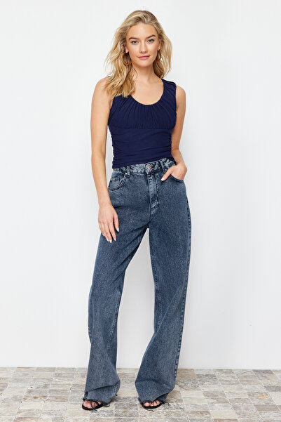 Trendyol Collection Navy Blue Gathered Back Detailed Crop Knitted Blouse TWOSS24BZ00308