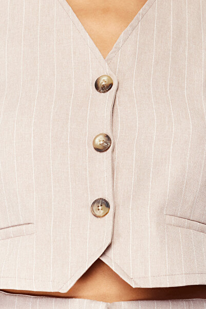 Trendyol Collection Μπεζ ριγέ κουμπιά Crop Woven Μπλούζα TWOSS24BZ00173