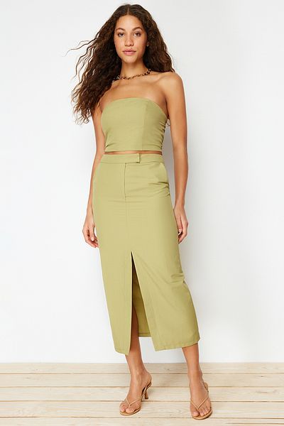 Trendyol Collection Khaki Premium egyenes elöl hasított Midi szövött szoknya TWOSS24ET00071