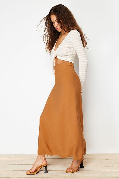 Trendyol Collection Camel Modal Content A-vonalú maxi hosszúságú szőtt szoknya TWOSS24ET00058