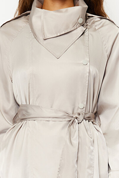 Trendyol Collection Beige Oversize Wide Cut Collar Detailed Snap Fastener Shiny Belted Trench Coat TWOSS24TR00009
