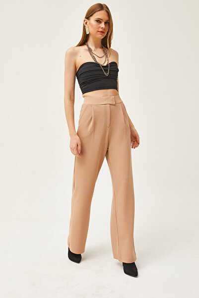 Olalook Női bézs tépőzáras széles szárú zsebes Palazzo nadrág PNT-19000255