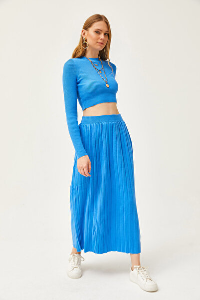 Olalook Women's Blue Top Sweater Bottom Pleated Slit Knitwear Set TKM-19000257