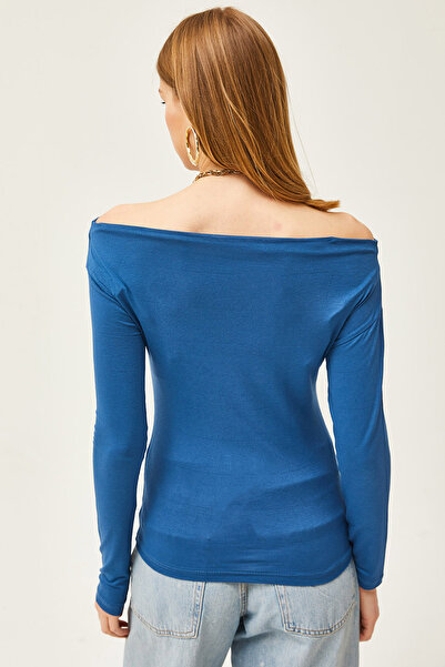 Olalook Női indigó csónak nyakú kötött viszkóz blúz BLZ-19002486