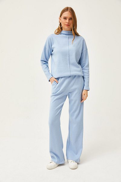 Olalook Women's Baby Blue Bottom Pocket Pants Top Stand Collar Blouse Raised Suit TKM-19000254