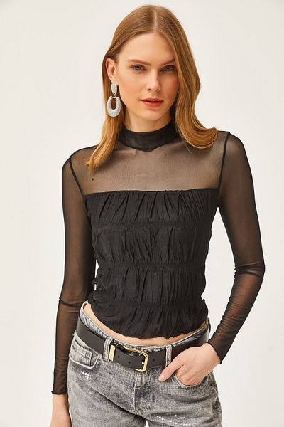 Olalook Women's Black Lined Crop Tulle Blouse BLZ-19002481