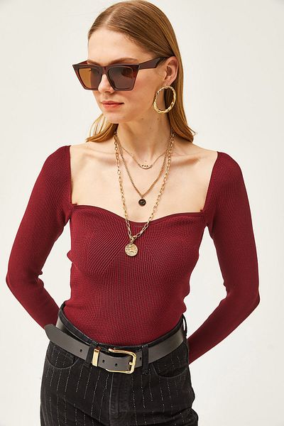 Olalook Bluză din tricot scurtă cu guler Kiss Bordeaux pentru femei BLZ-19001690